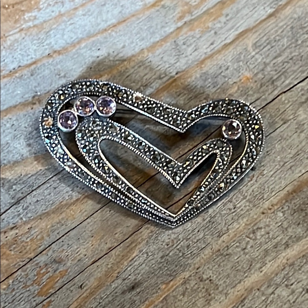 Vtg Sterling Silver Heart Brooch Pin with Amethyst Stones